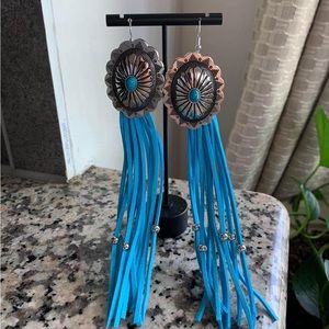 Turquoise /silver long dangling western wear earrings